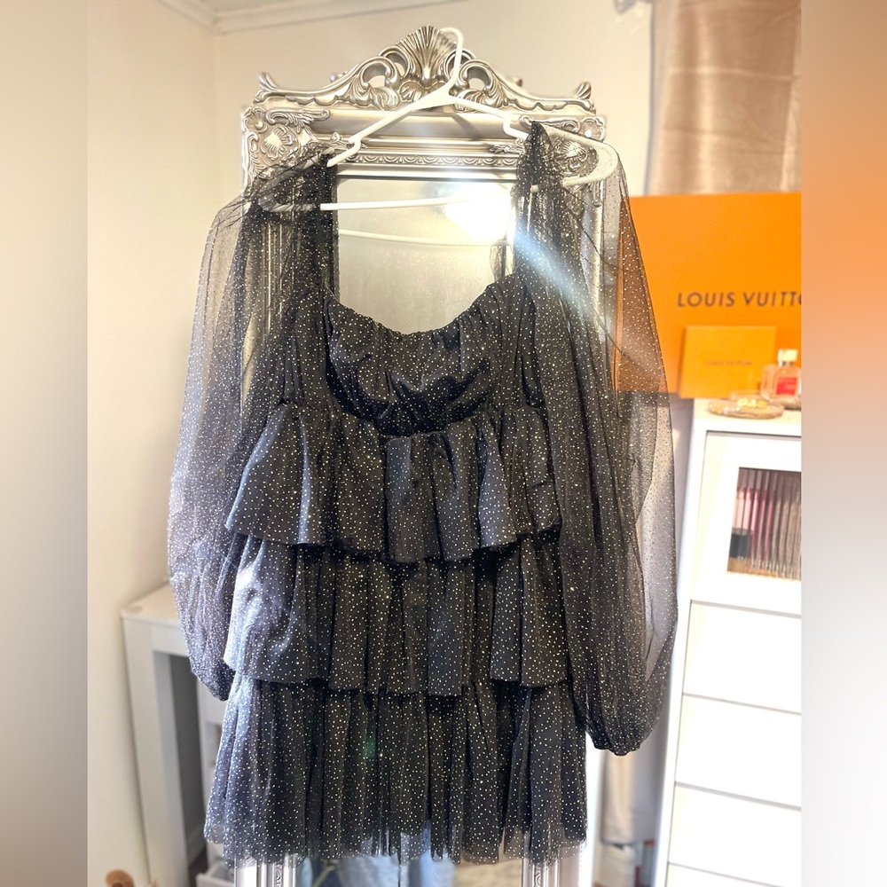 Black Sheer Polka Dot Dress Gold Sparkles